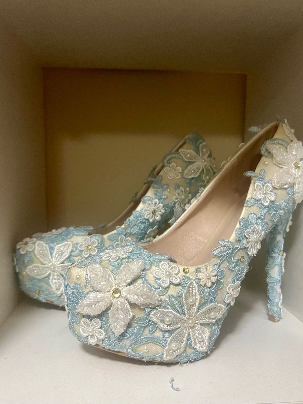 Embroidered Floral Lace Platform Pumps - Light Blue & Ivory